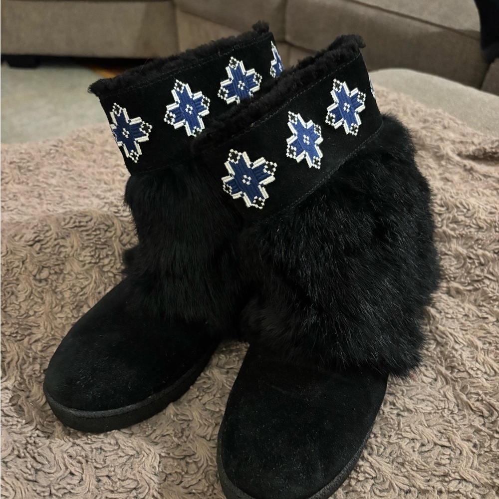 Tory Burch Black Ankle Boots with Blue Floral Accents